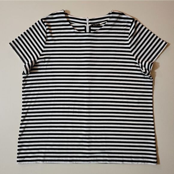 Talbots Women's Black Stripe Rayon Short Sleeve Roundneck Top - Picture 1 of 12